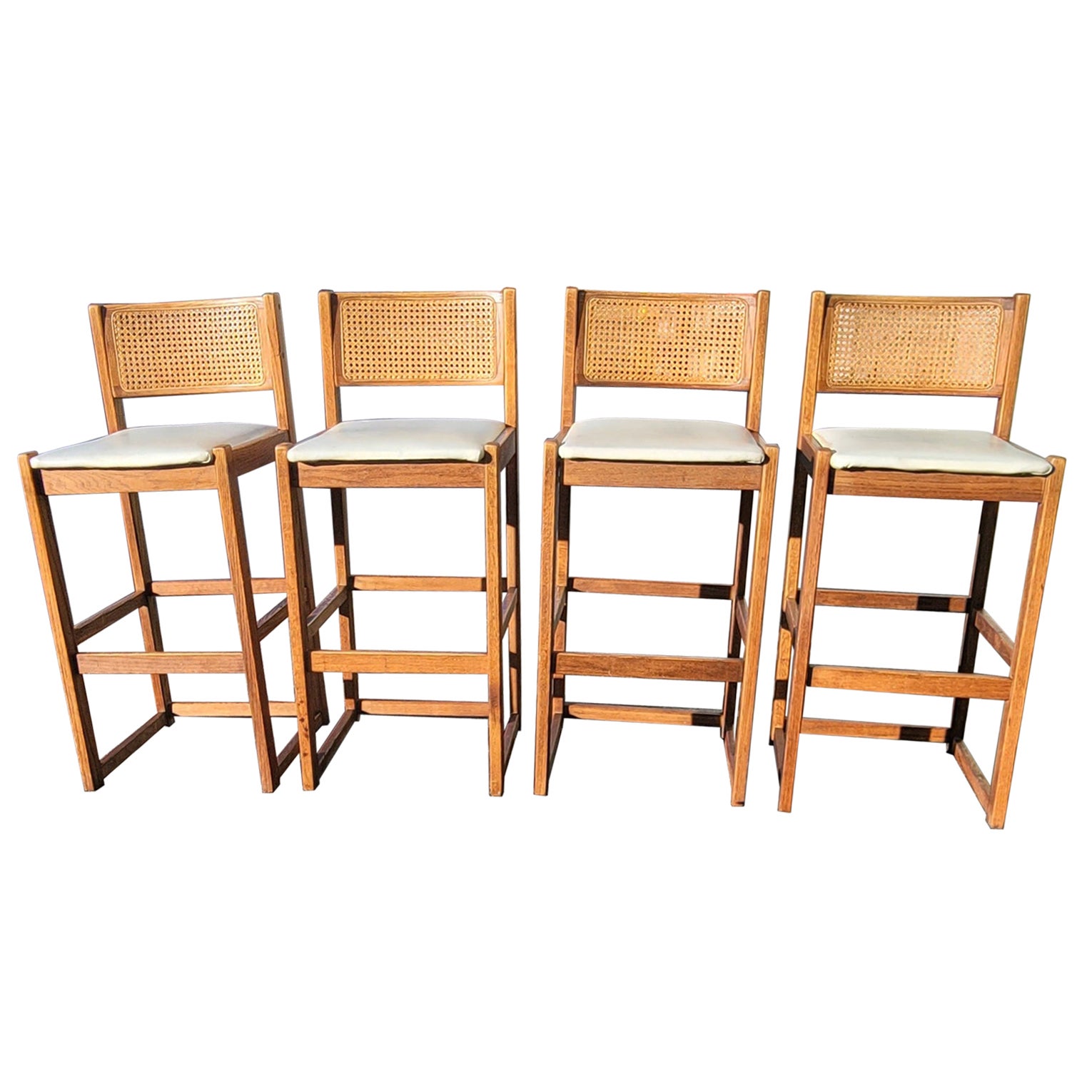 1970s Whitaker Furniture Oak with Cane Back and Leatherette Seat Bar Stools For Sale