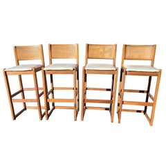 Retro 1970s Whitaker Furniture Oak with Cane Back and Leatherette Seat Bar Stools