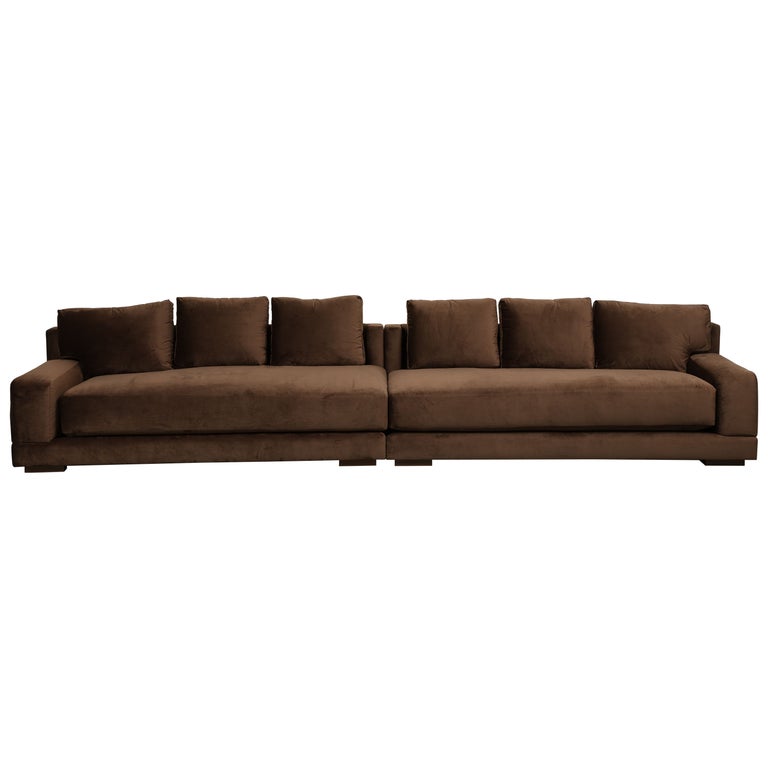 1970s Mid-Century Modern Restored Two-Piece Sectional Sofa in Mocha Velvet  For Sale at 1stDibs