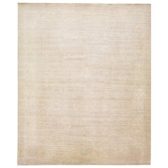 Style Oushak moderne beige fait  la main  Laine florale  Tapis