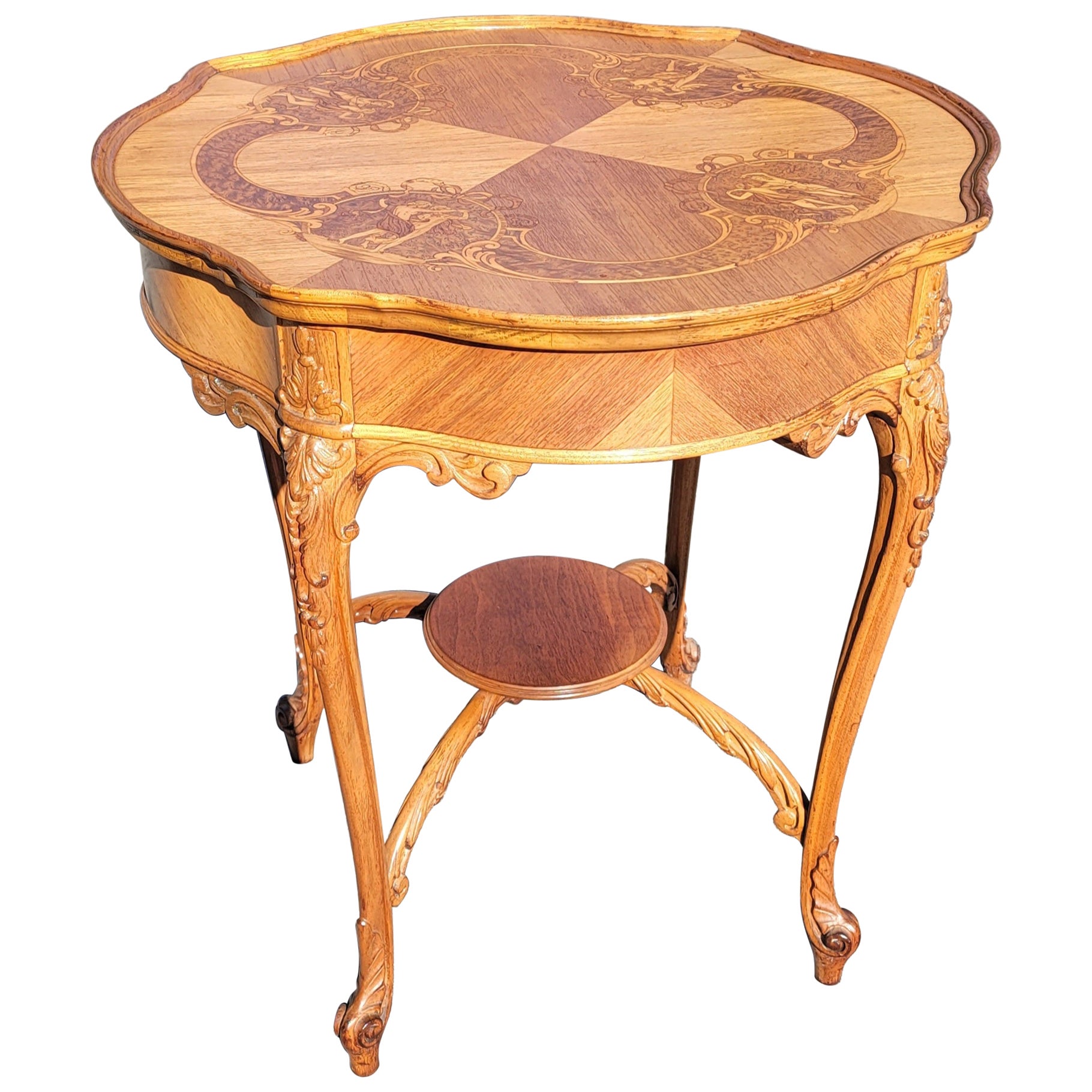 Louis XV Style Marquetry and Carved Walnut Center Table with Center Stretcher