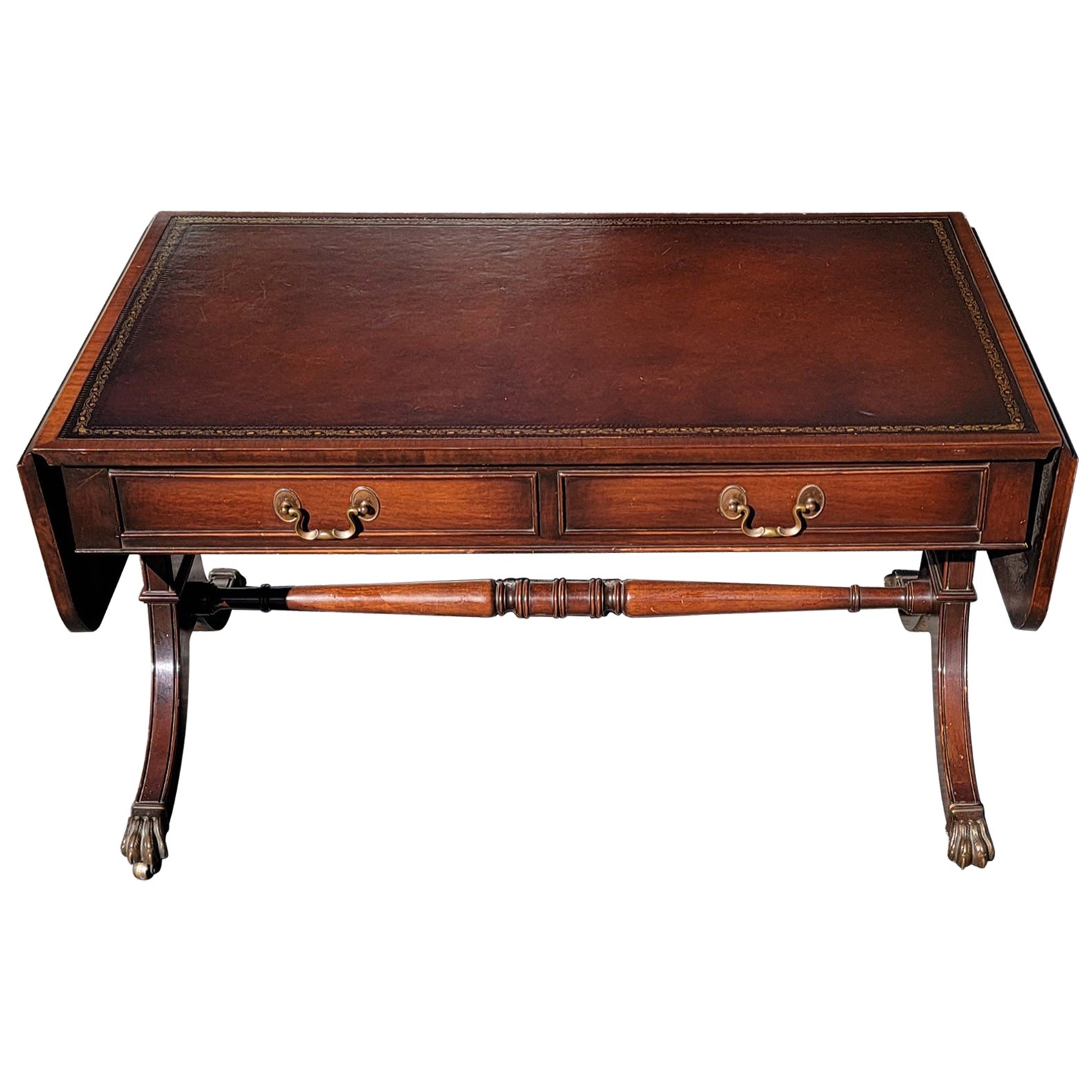 George III Style Mahogany and Leather Top Inset Drop Leaf Coffee Table on Wheels