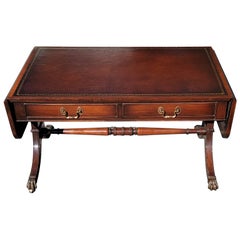 George III Style Mahogany and Leather Top Inset Drop Leaf Coffee Table on Wheels