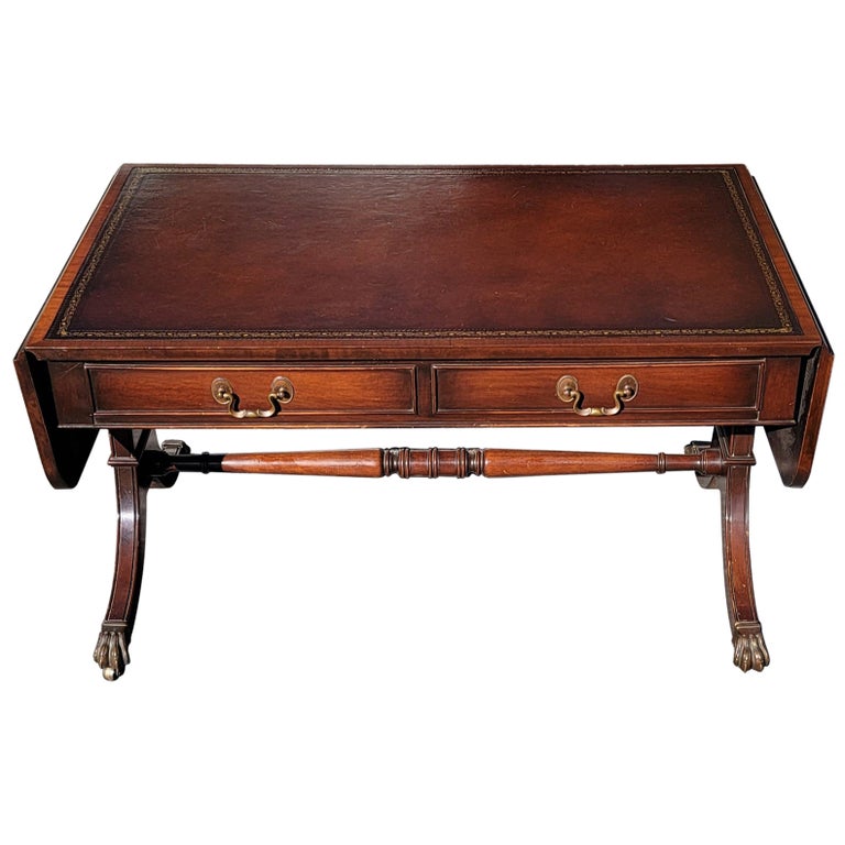 III Style Mahogany and Leather Top Inset Drop Leaf Coffee Table