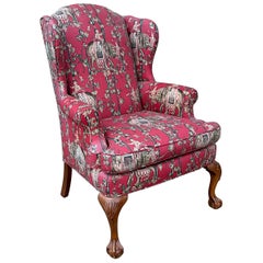 Mid-Century Pink Chinoiserie Wingback Chair Ball and Claw Feet