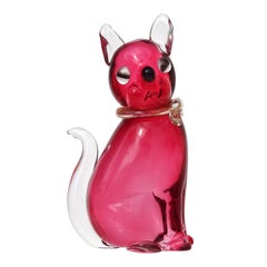 Seguso - Figurine de chat Kitty en verre d'art italien Sommerso rose avec nud et mouchetures dores