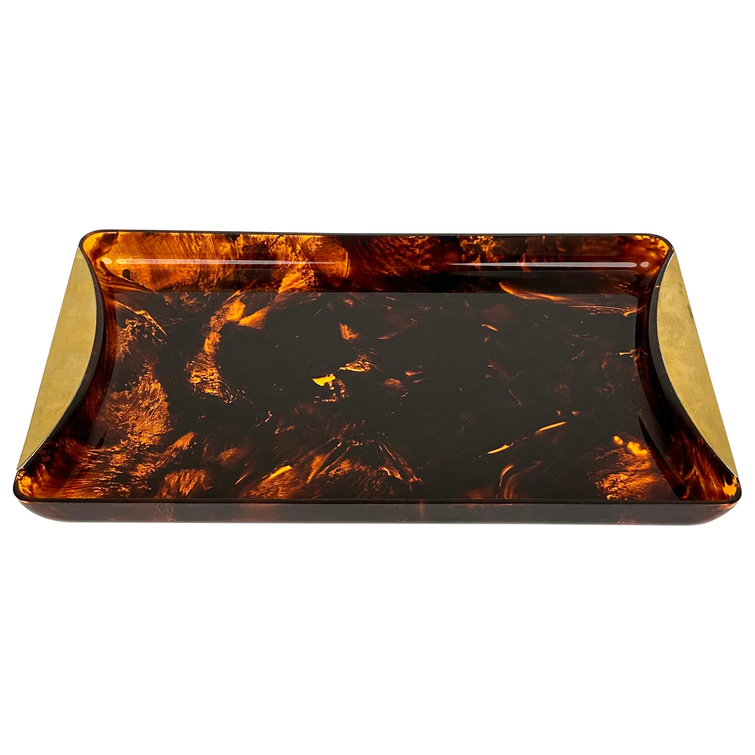 Mid-Century Tortoiseshell Lucite & Brass Serving Tray by Guzzini, Italy, 1970s For Sale