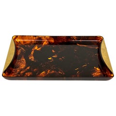Vintage Mid-Century Tortoiseshell Lucite & Brass Serving Tray by Guzzini, Italy, 1970s