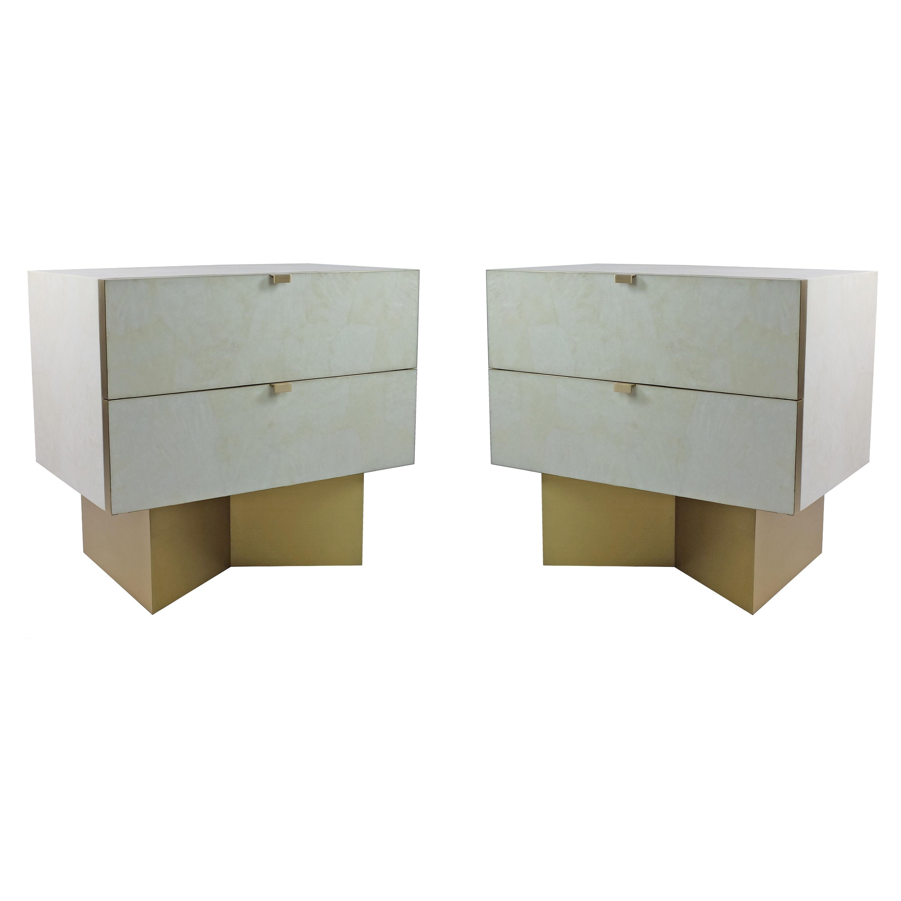 Pair of Bedside Tables in White Rock Crystal Marquetry and Brass For Sale