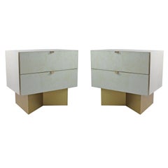 Pair of Bedside Tables in White Rock Crystal Marquetry and Brass