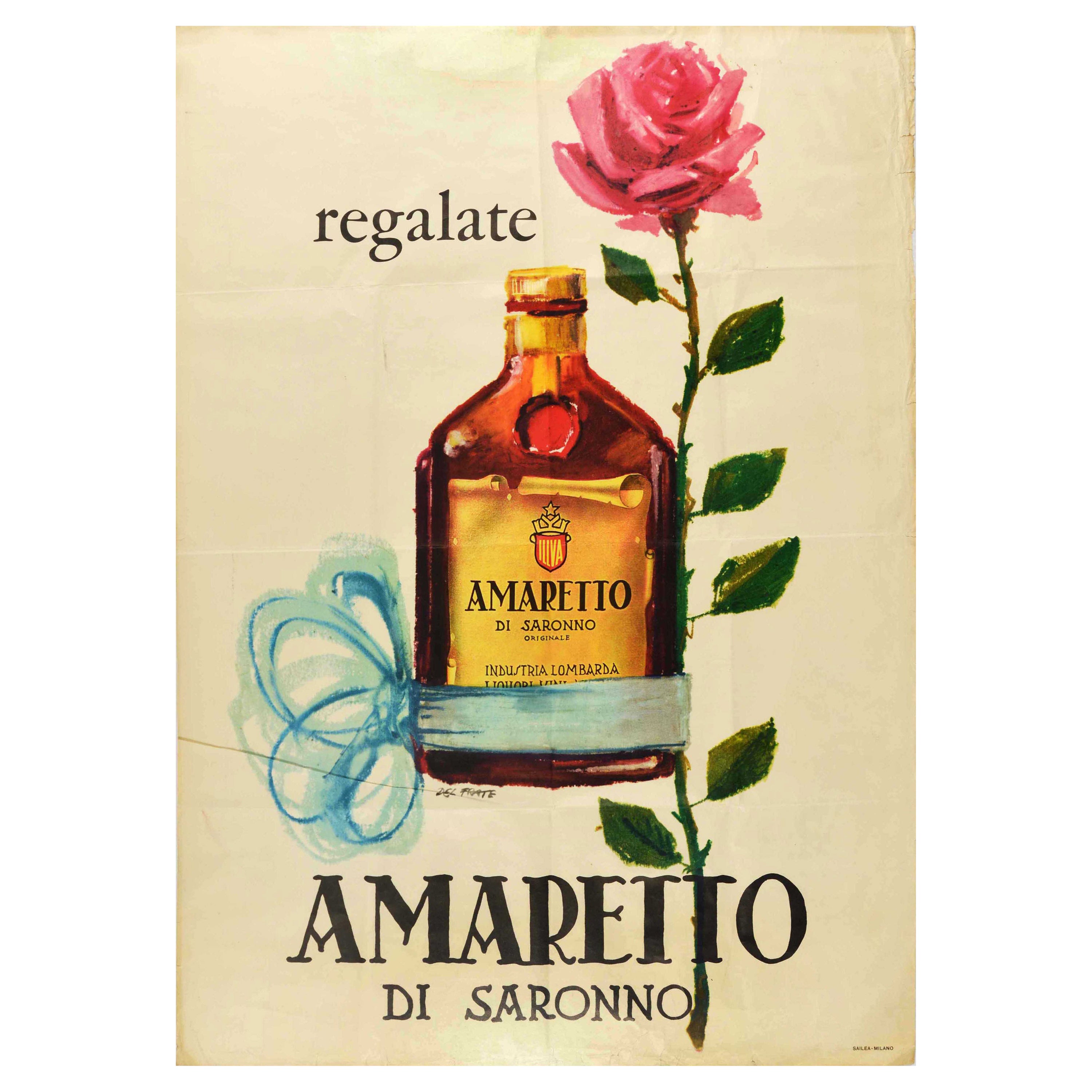 Affiche rtro originale pour les boissons, Amaretto Di Saronno, Dessin publicitaire pour les liqueurs en vente