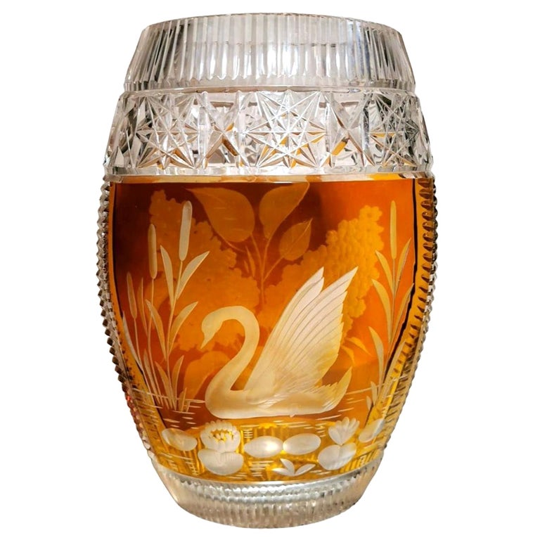 Vintage French Cut Crystal Vase Colored and Stone Ground For Sale at