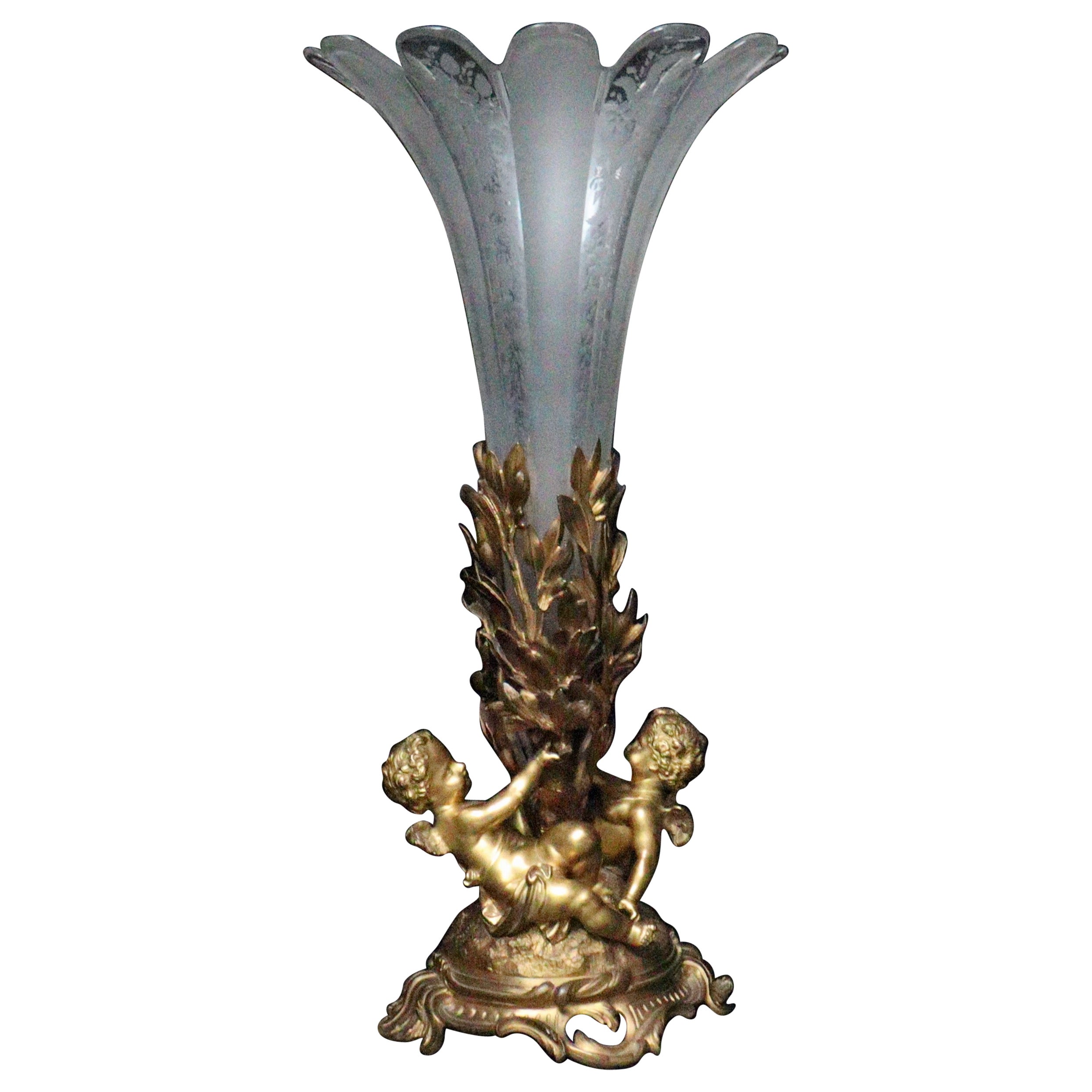 19th Century, French, Baccarat Crystal and Ormolu Cornet Vase Centerpiece