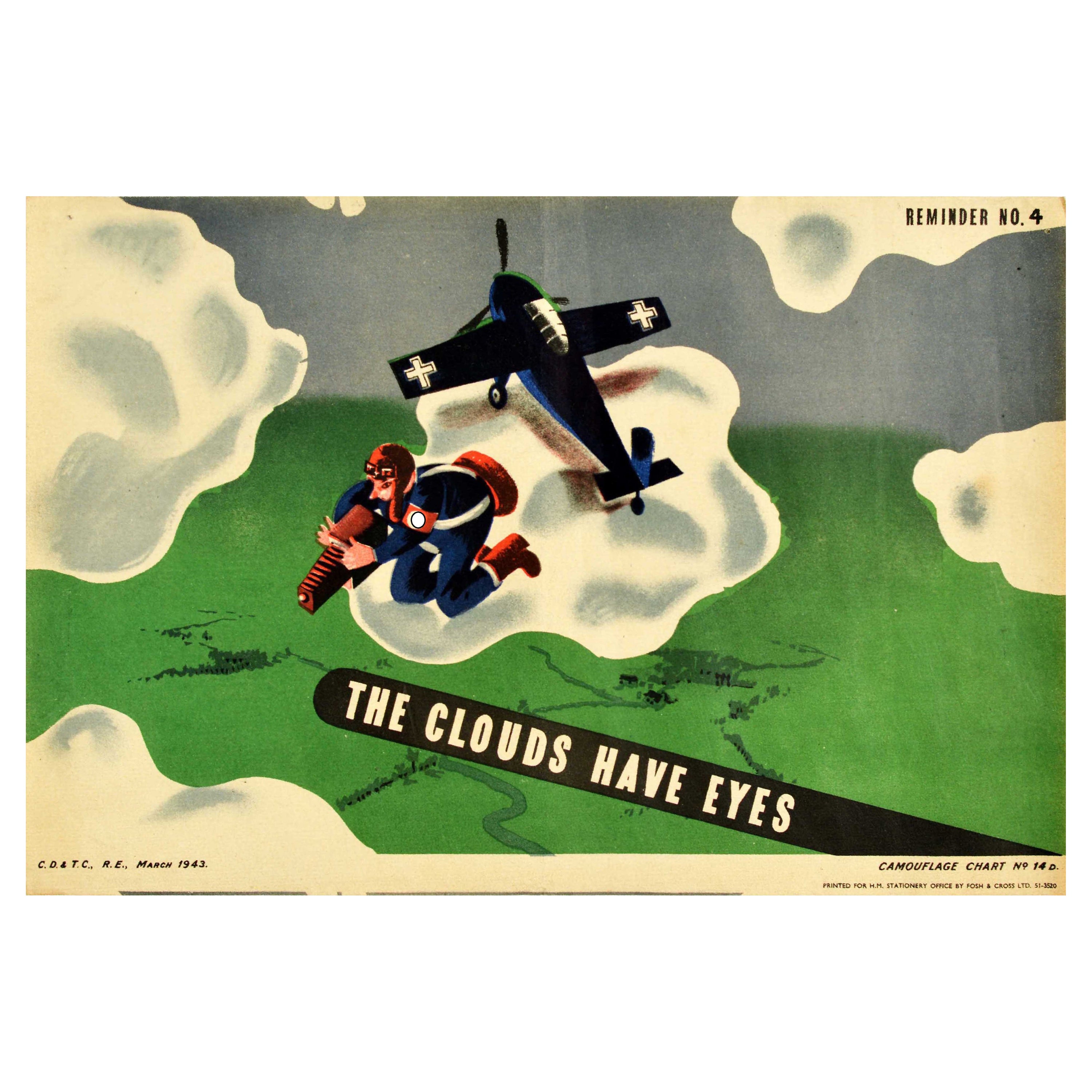 Original Vintage WWII Poster The Clouds Have Eyes War Spy Pilot Camouflage Plane en vente