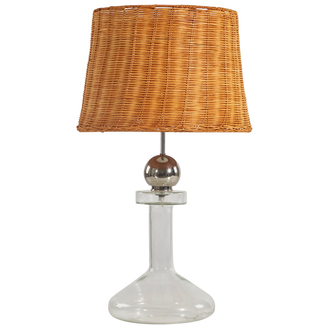 Laurel Lamp Co., Table Lamp, Chrome Metal, Glass, Rattan, United States, 1970s For Sale