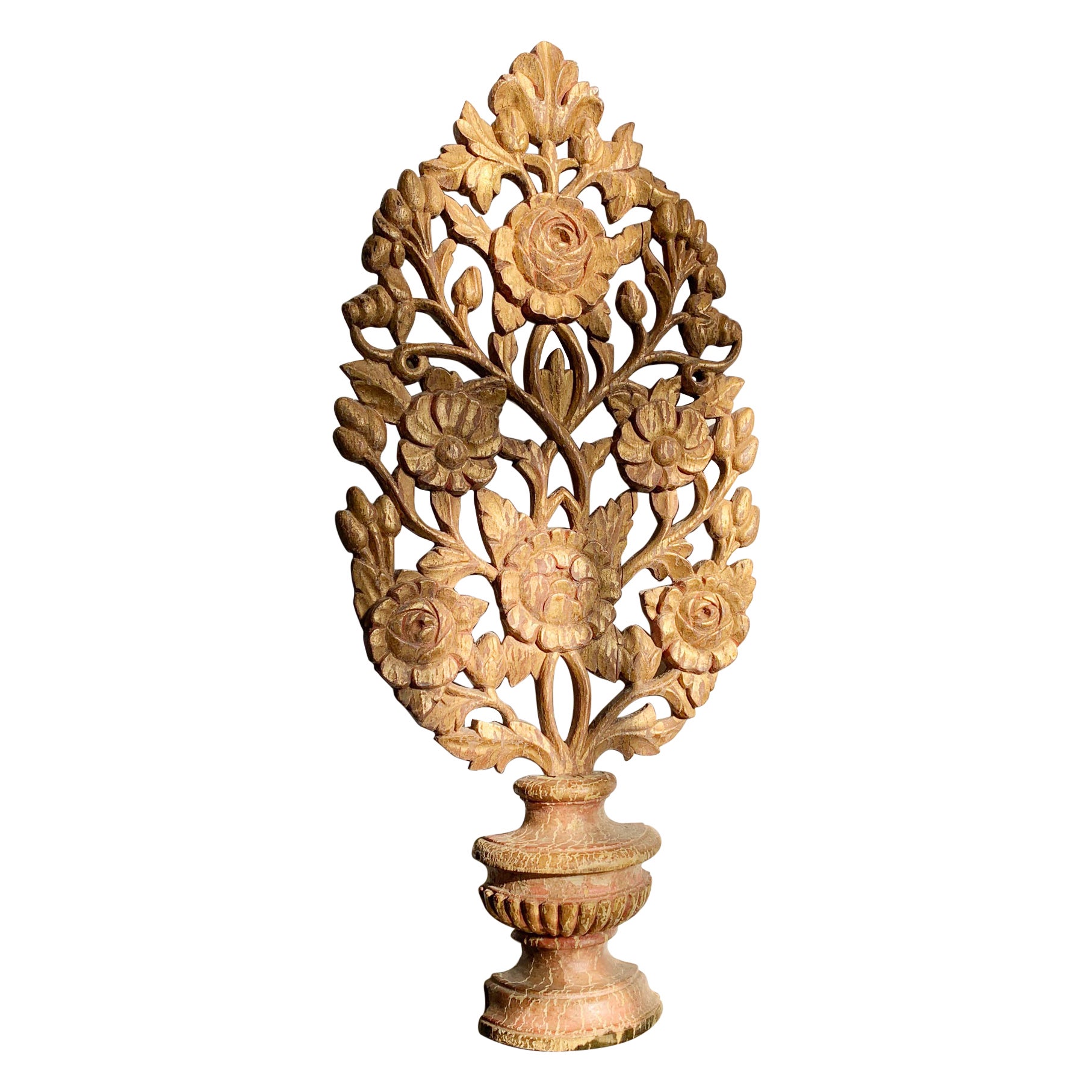 Vase d'autel baroque d'église en bois doré du 19ème siècle