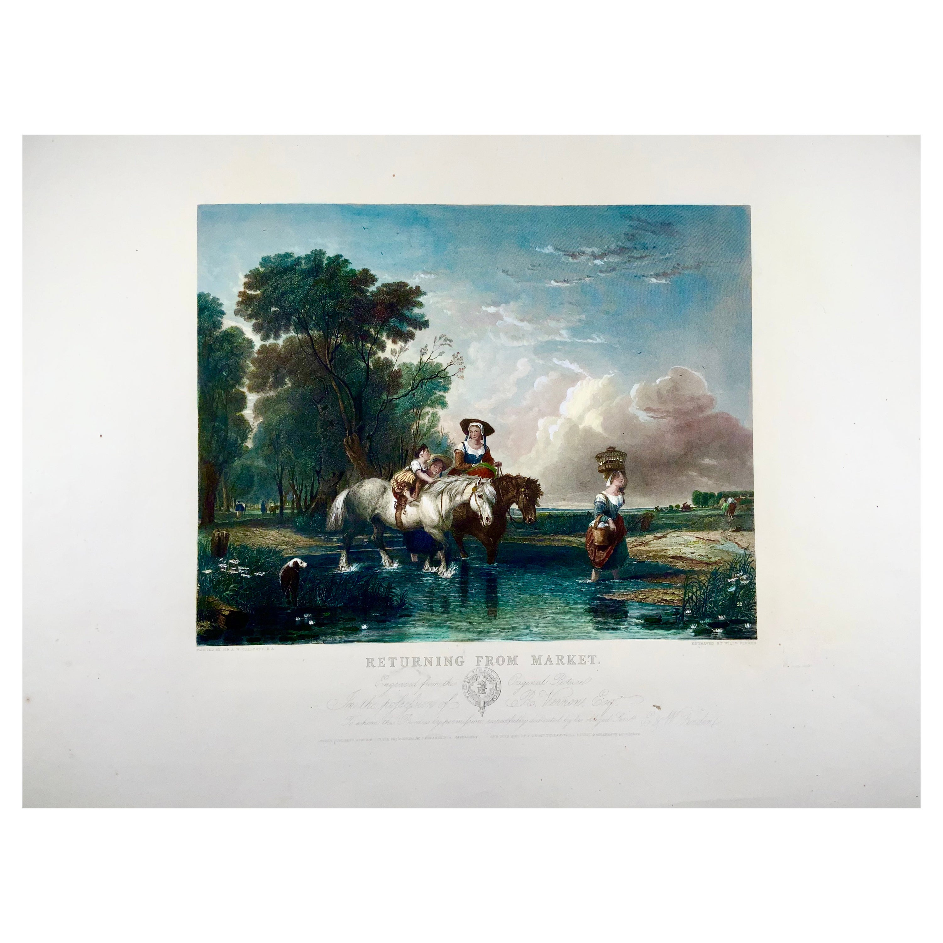 Returning from Market, a.W. Calcott, Very Large 55cm Coloured Engraving For Sale