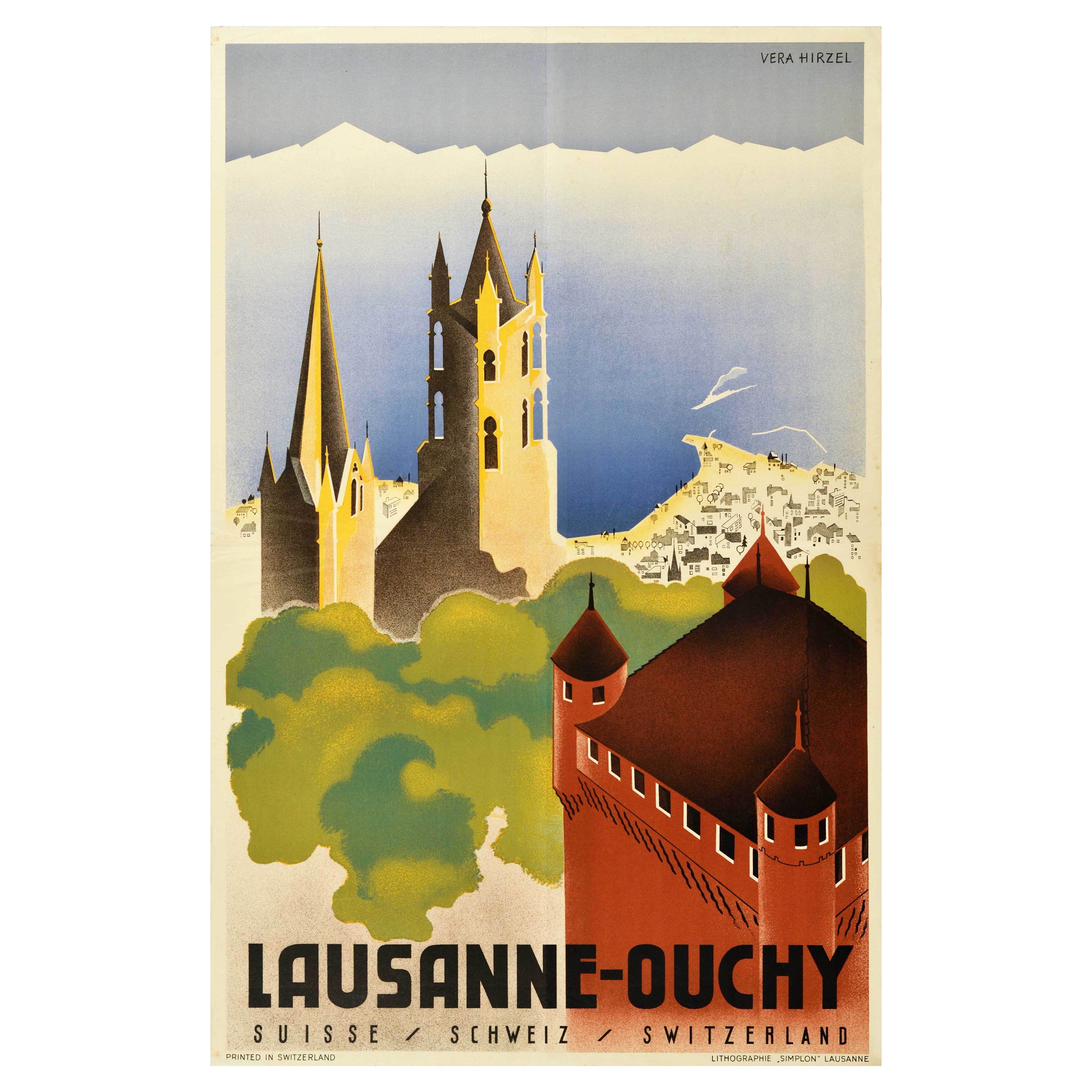 Original Vintage Travel Poster Lausanne Ouchy Switzerland Art Deco Vera Hirzel For Sale