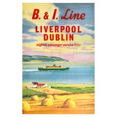 Original Vintage Travel Poster B&I Line Liverpool Dublin Ferry Midcentury Design