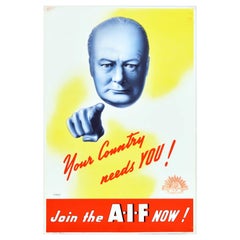 Original Vintage World War Two Recruitment Propaganda Poster Join AIF Churchill