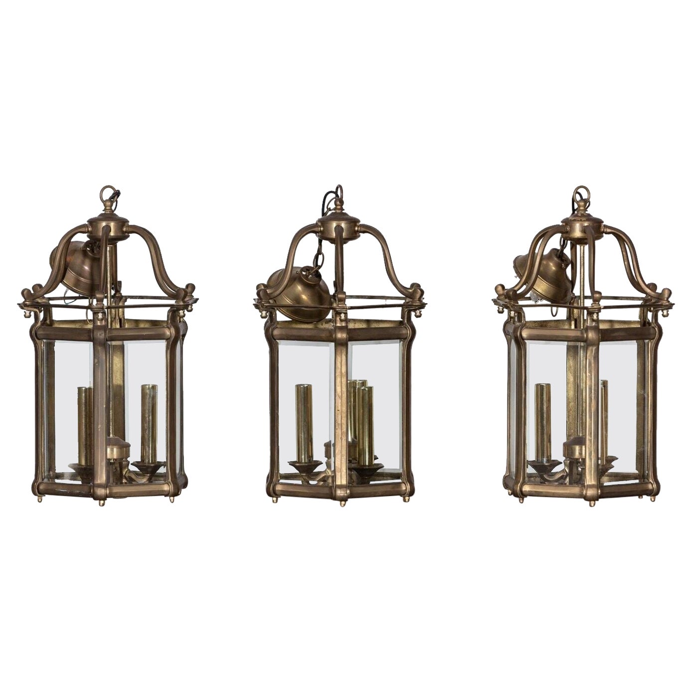 Large Set of Three English Solid Brass Lanterns For Sale