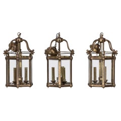 Large Set of Three English Solid Brass Lanterns