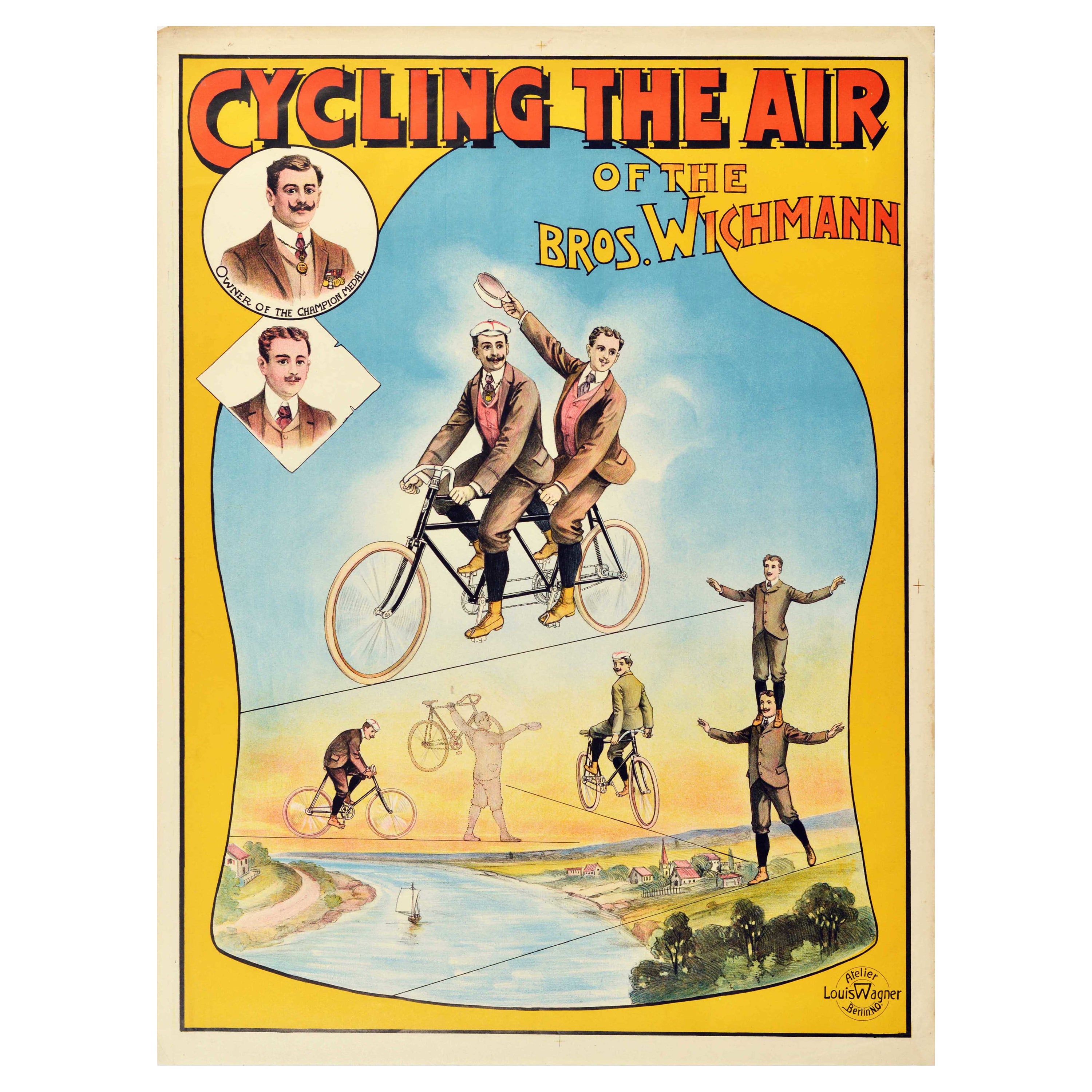 Original Antique Circus Advertising Poster Cycling The Air Bros Wichmann Design For Sale