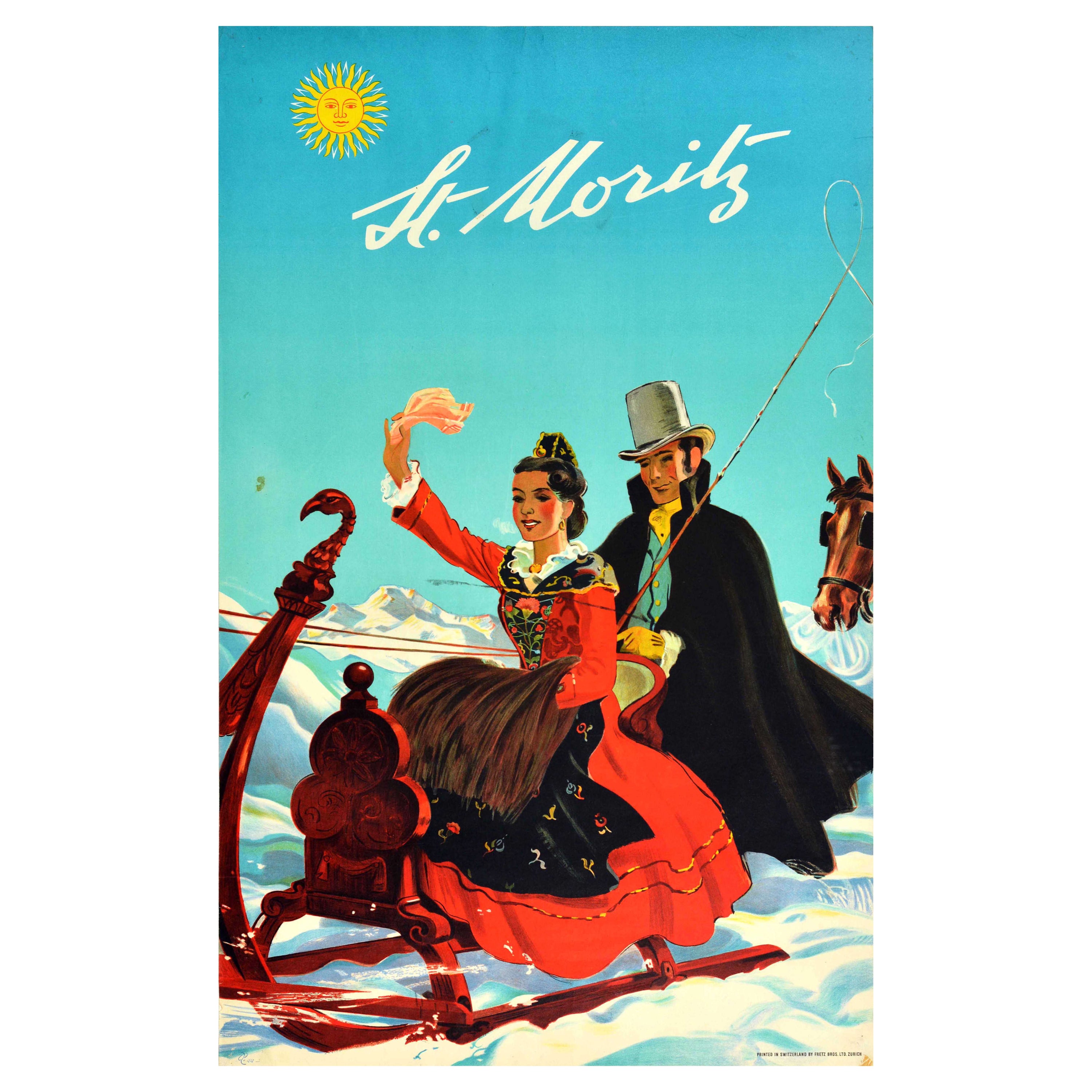Original Vintage Travel Poster St Moritz Switzerland Horse Drawn Sleigh Laubi For Sale