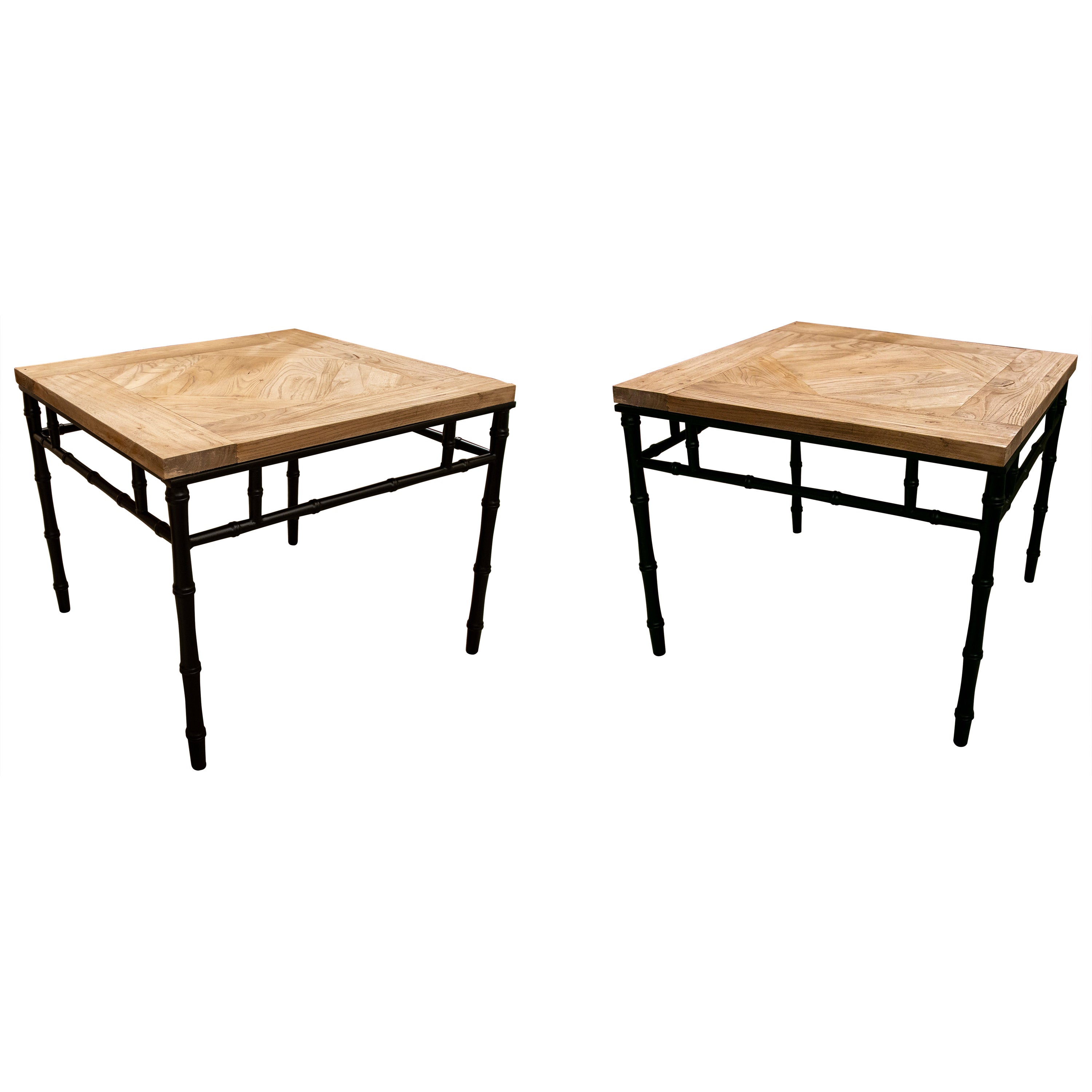 Paire de tables basses espagnoles avec base en fer imitant le bambou et l'orme ancien