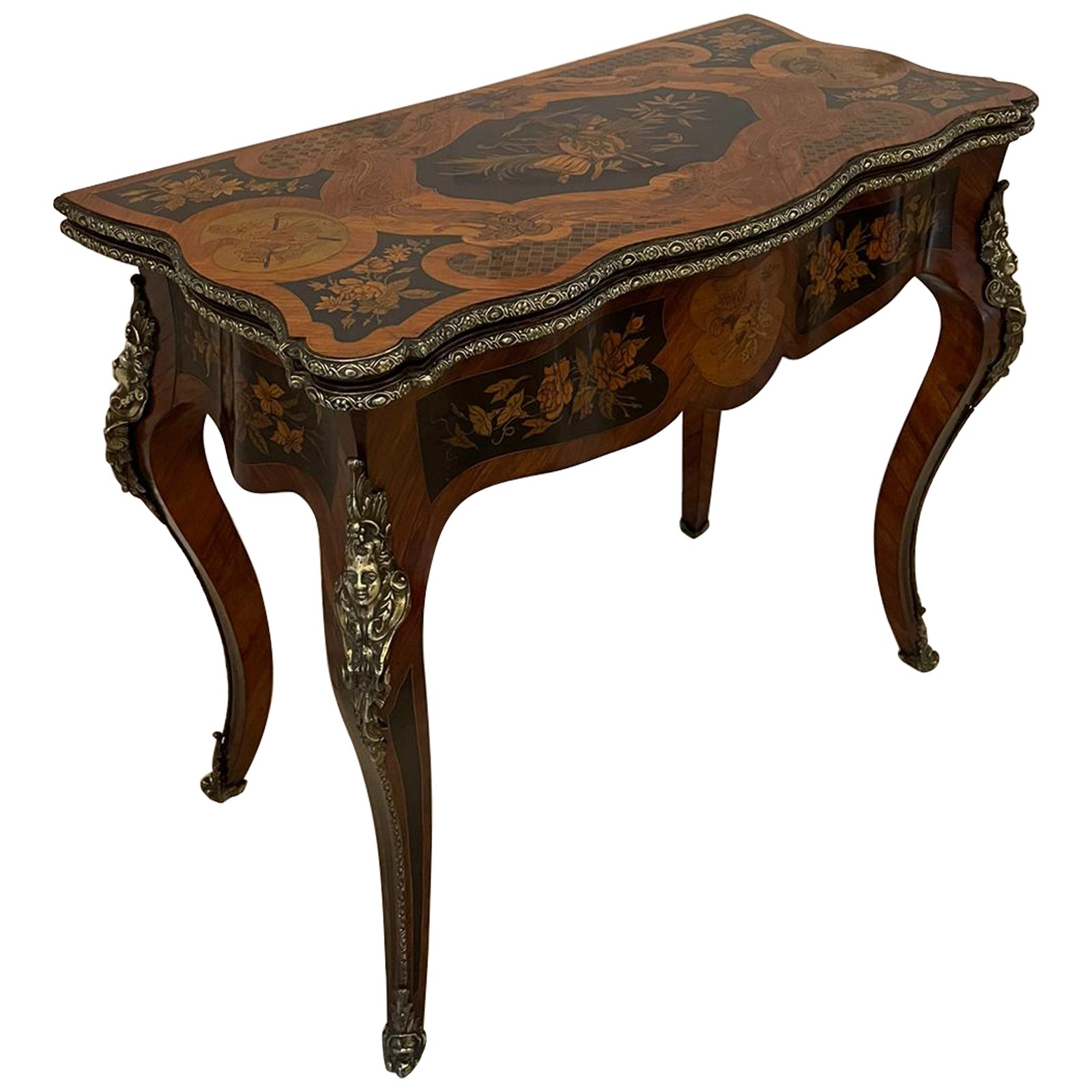Fine Antique French Kingwood Marquetry Inlaid Ormolu Mounted Card/Side Table For Sale