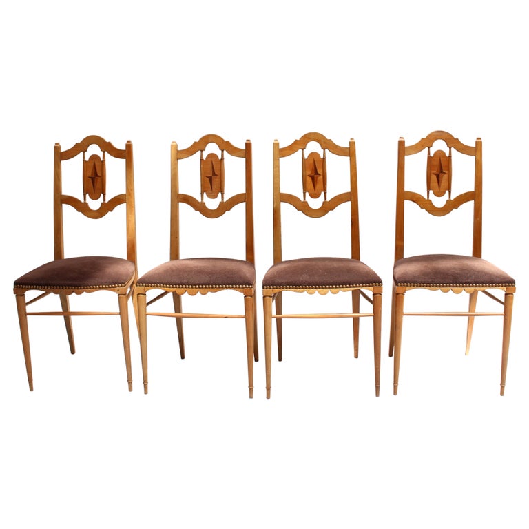 Set of 4 French Art Deco Cherry Wood Side Chairs by Soutiras
