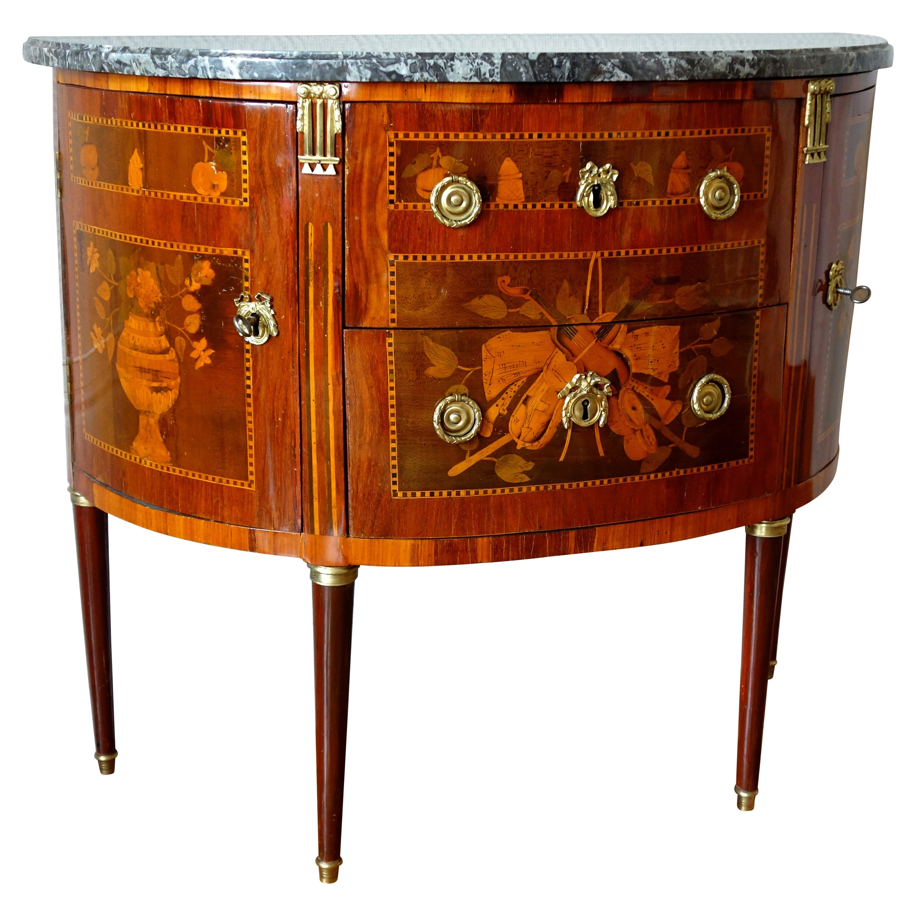 Louis XVI Half-Moon Marquetry Commode / Chest of Drawers, Stamped - 18th Century