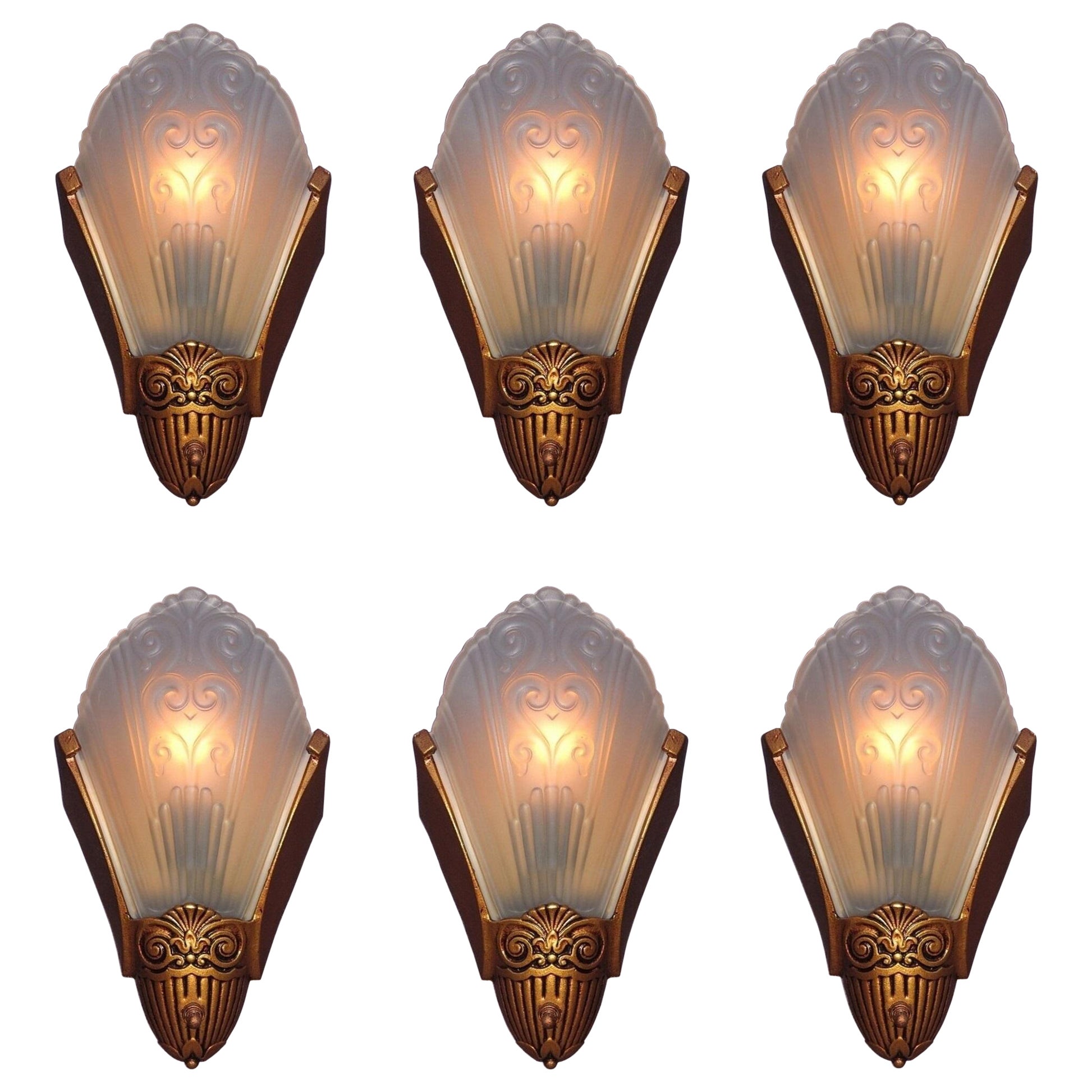 Set of Six 1930s Slip Shade Sconces  For Sale