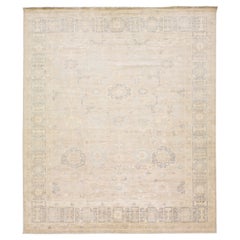 Handmade Modern Oushak Style Wool Rug with Gray Floral Motif