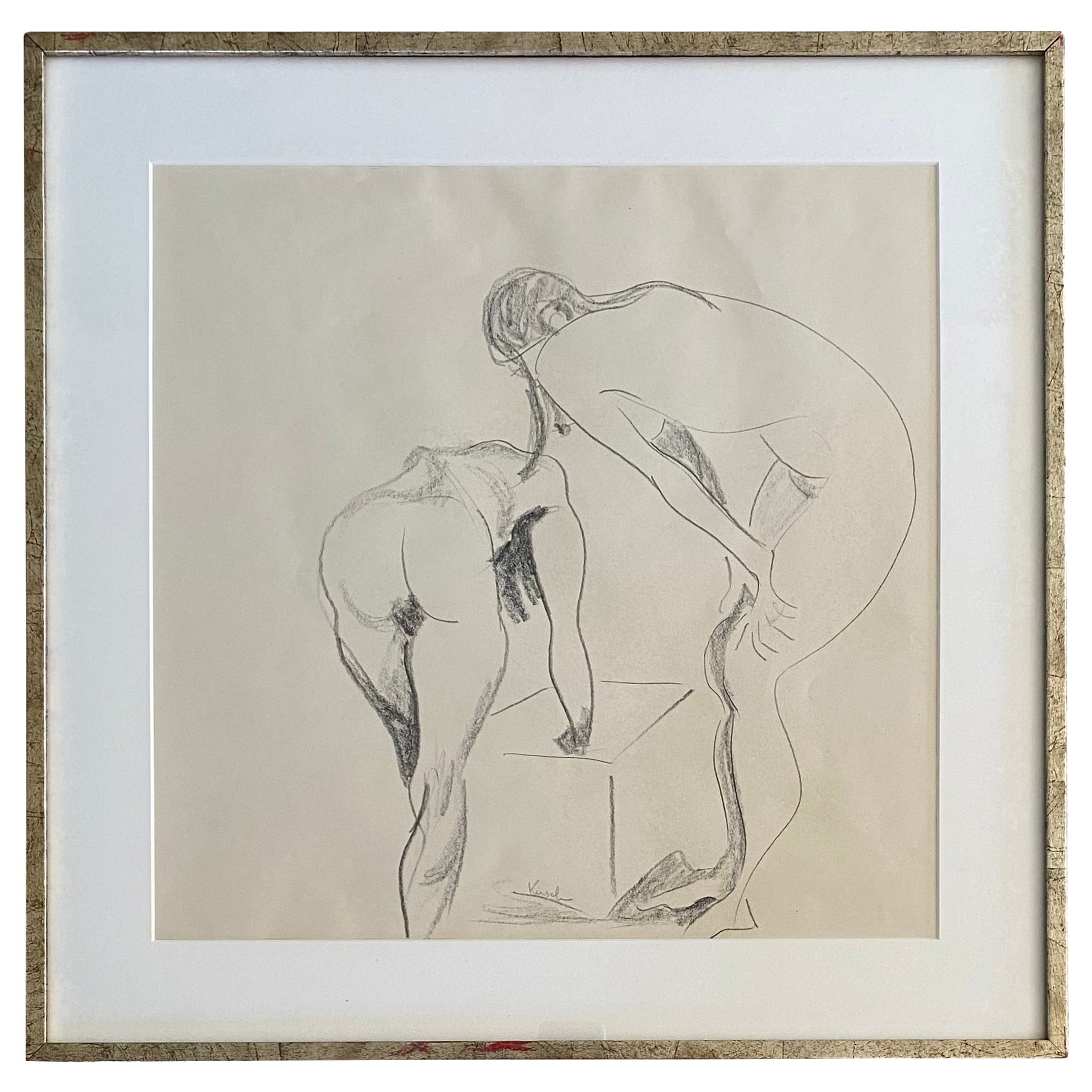 Nude Women Drawing in Silver Frame For Sale