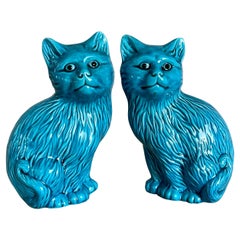 Pair of Vintage Blue Glazed Chinese Porcelain Cat Figurines- Signed