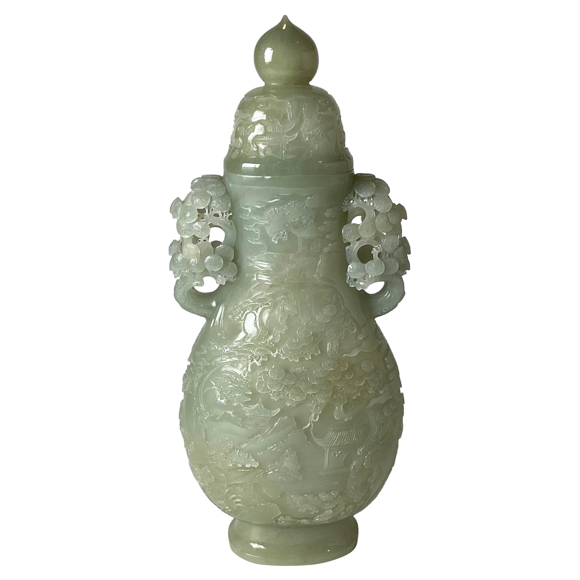 A Very Large Carved Caledon Jade Covered Urn