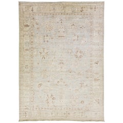 Gray Modern Handmade Floral Oushak Style Wool Rug