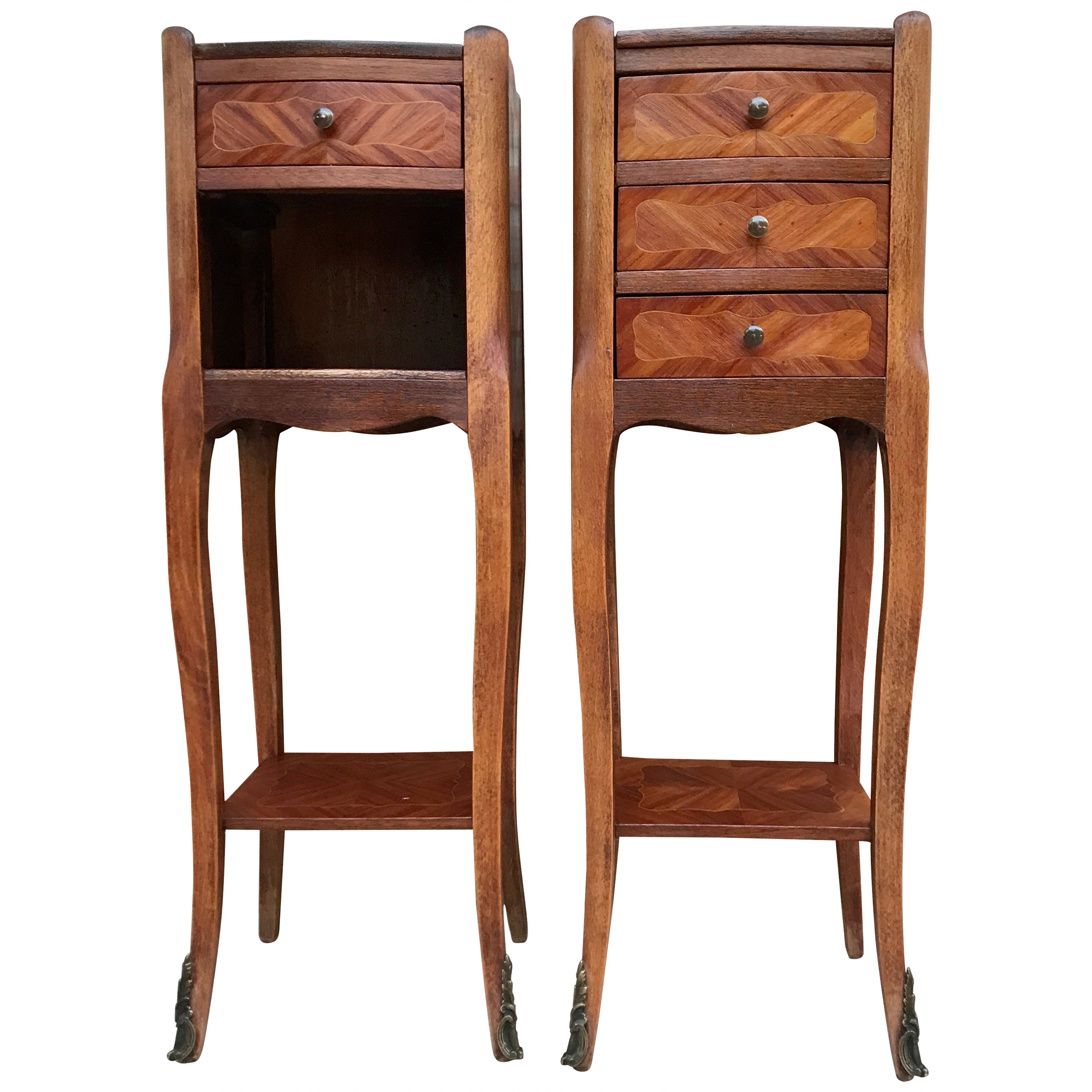 Louis XV French Walnut Bedside Tables with Marquetry, Set of 2 For Sale