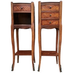 Antique Louis XV French Walnut Bedside Tables with Marquetry, Set of 2