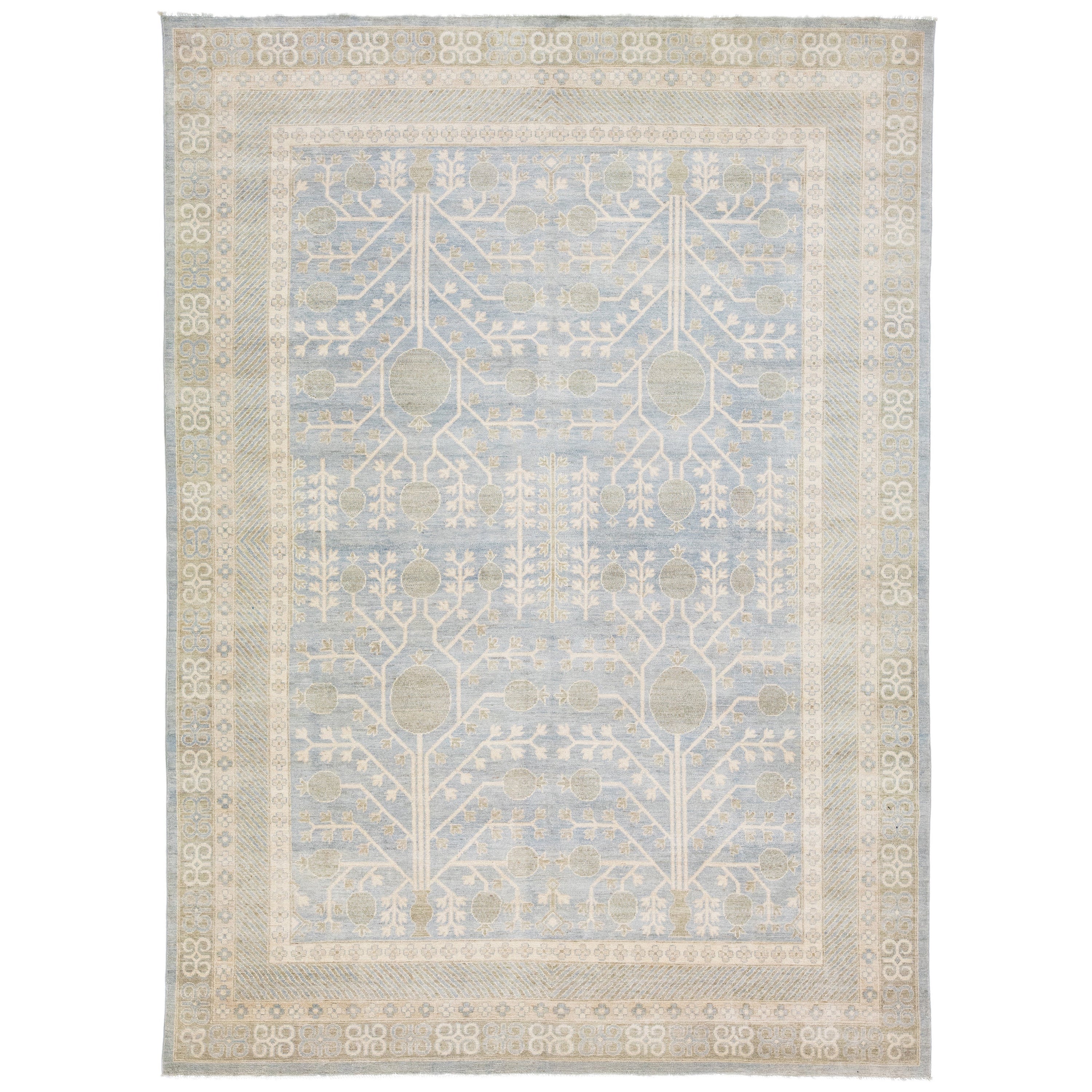 Modern Khotan Style Handmade Gray & Green Wool Rug with Allover Motif For Sale