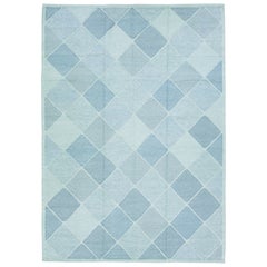 Modern Handmade Swedish Style Wool Rug With Turquoise Geometric Design