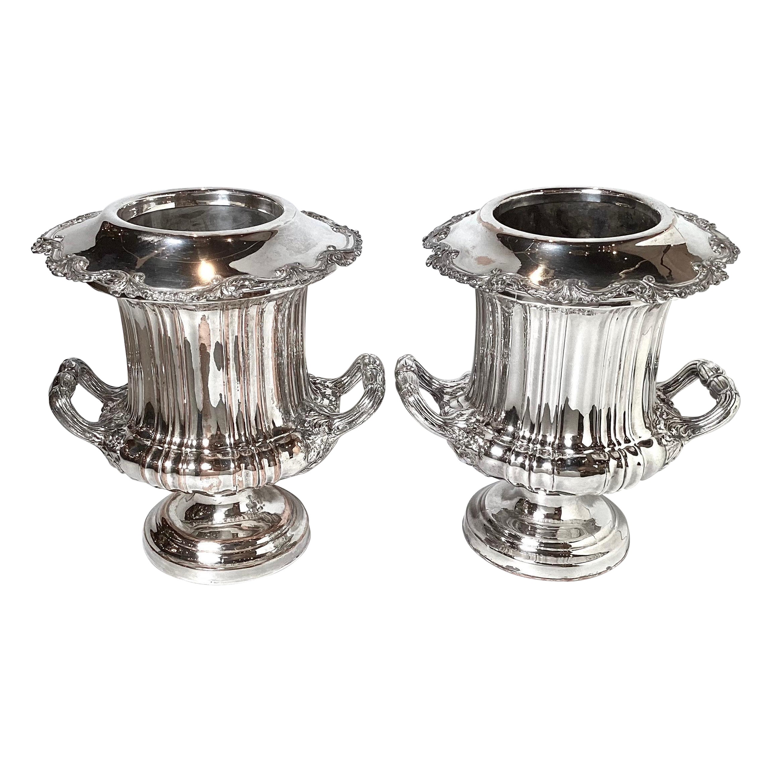 Pair of Silver Plated Copper Campana Urn Champaigne Coolers For Sale