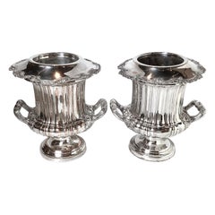 Antique Pair of Silver Plated Copper Campana Urn Champaigne Coolers