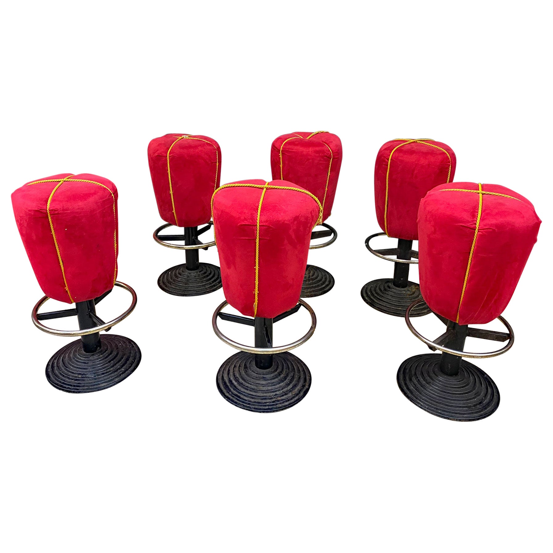 Suite of 6 Fun Stools, Cast Iron Base, Seat Covered in Velvet  For Sale