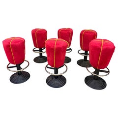 Vintage Suite of 6 Fun Stools, Cast Iron Base, Seat Covered in Velvet 