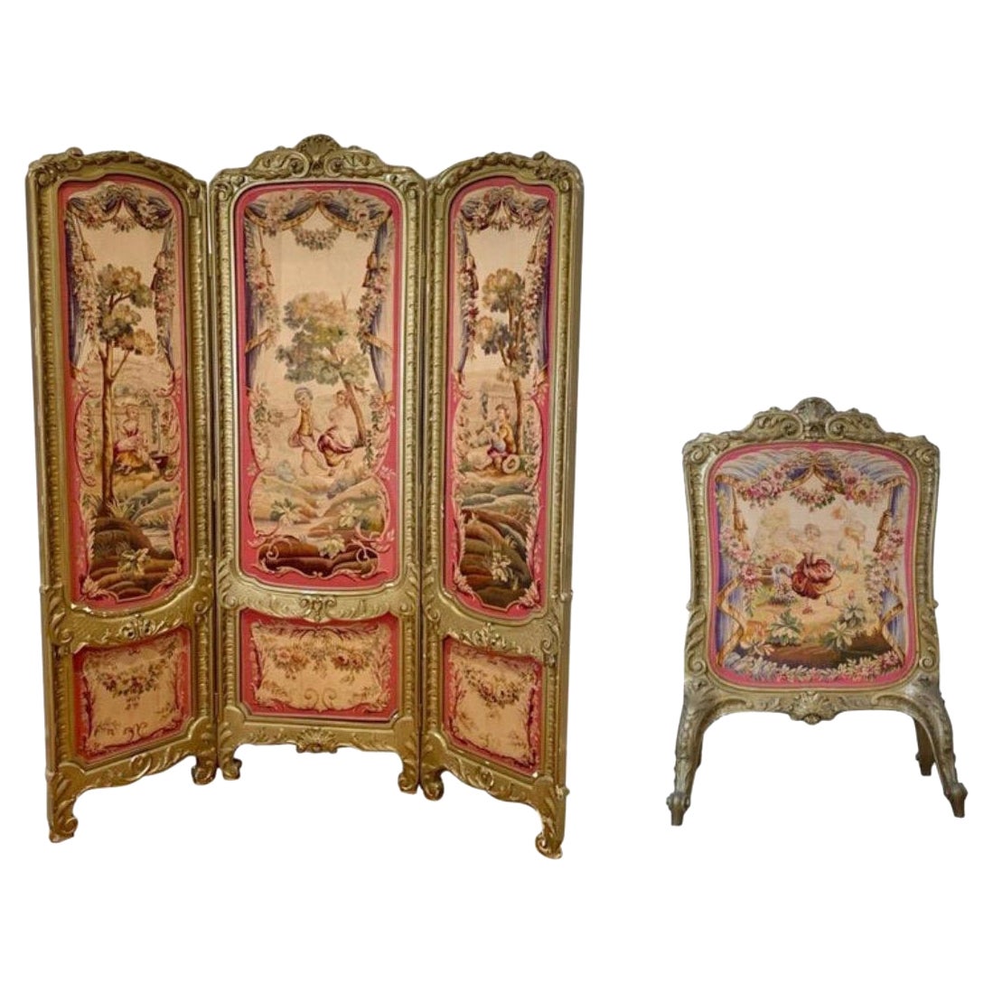 19th Century Louis XV Regency Gilded Screen and Fire Screen with Tapestries For Sale