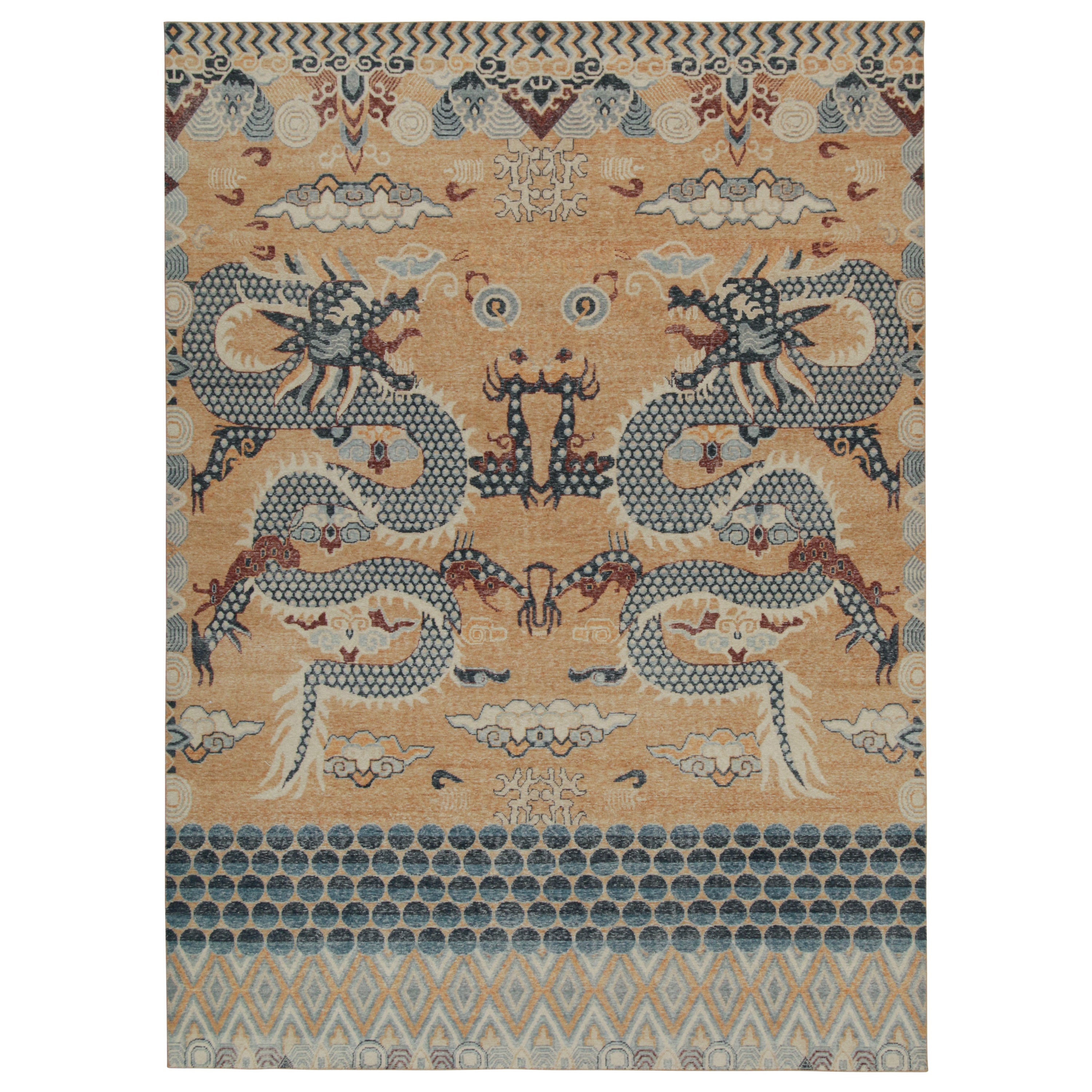 Rug & Kilim’s Distressed Style Rug in Gold, Blue, Red Dragon Pictorial For Sale