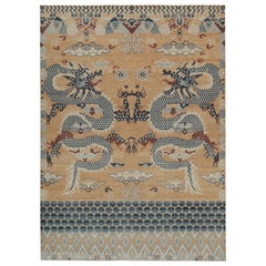Rug & Kilim’s Distressed Style Rug in Gold, Blue, Red Dragon Pictorial