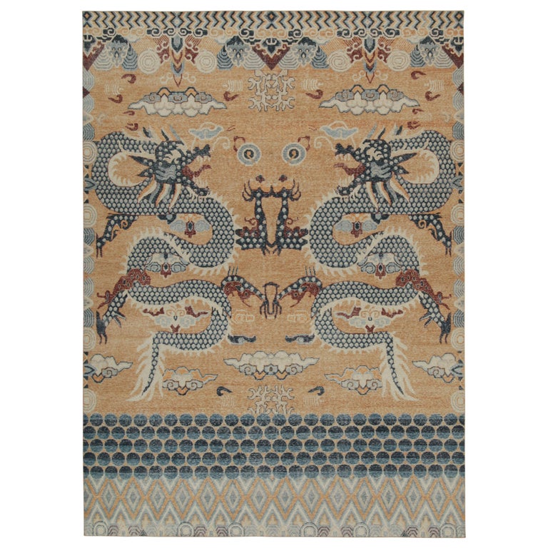 Rug and Kilim’s Distressed Style Rug in Gold, Blue, Red Dragon